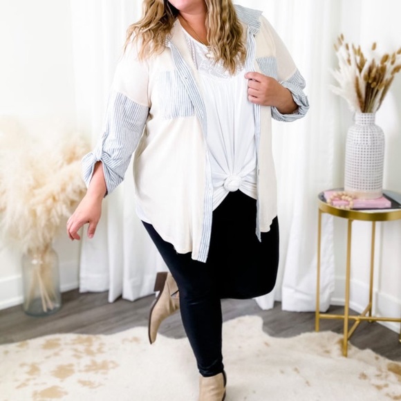 Ribbed Long Sleeve Shacket with Striped Detail - Ivory - Picture 2 of 9